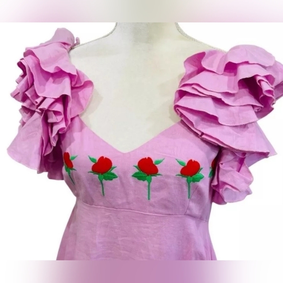 FANM MON Aster Pink DemreLinen Embroidered Maxi DressRuffle Sleeve NWT - Picture 11 of 16